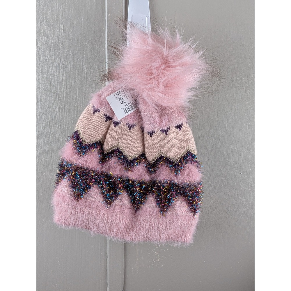 The childrens place Girls Pink Faux Fur Pom Pom Beanie Knit Hat L/XL NWT 8+ year